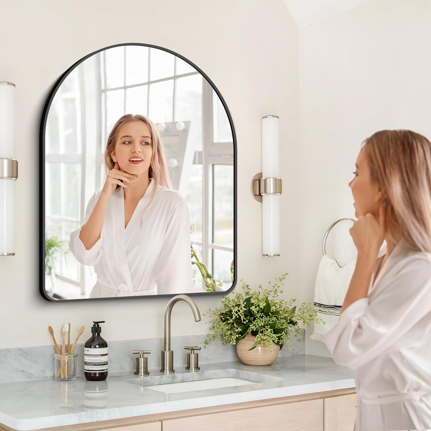 Arched Bathroom Mirror, 30"x36" Black Arched Mirror for Bathroom, Wall Mounted Mirror, Black Vanity Wall Mirror w/Metal Frame for Bedroom, Entryway, Living Room, Hanging or Leaning Against Wall