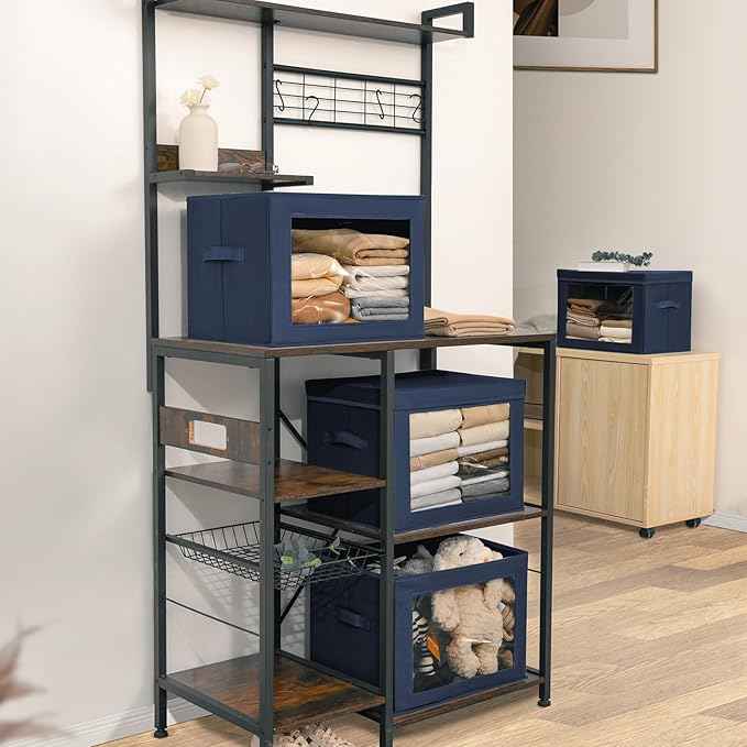 Stackable Storage Bins with Lids - Large Storage Box with Lids, Foldable Closet Boxes for Organizing, Wardrobe Clothes Organizer with Window, Cubes Bins for Living Room, 3 Pack, Navy Blue