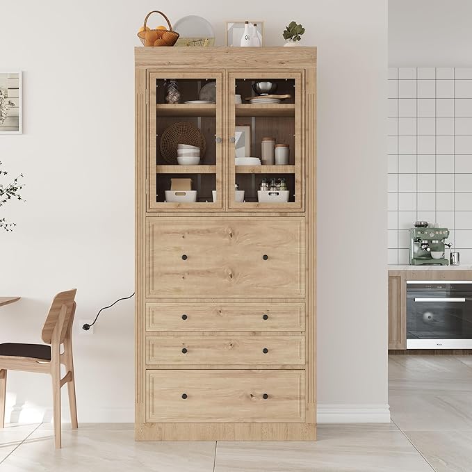 Merax 78 Inch Extra-Tall Freestanding Kitchen Pantry Storage Cabinet, Multifunctional Cupboard with 3 Drawers, Adjustable Shelves & Power Outlet Drop-Down Surface for Dining and Living Room, Natural