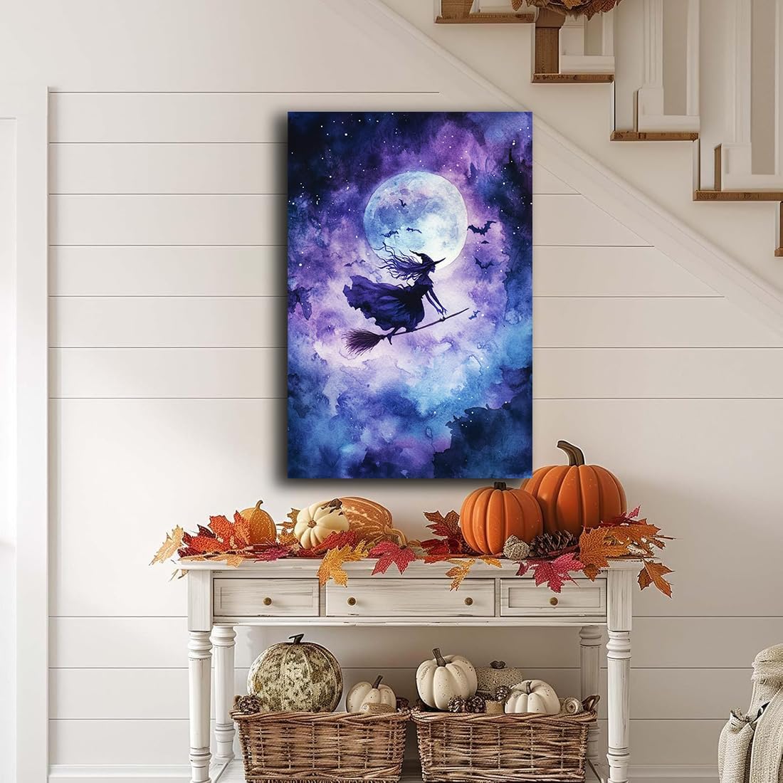 Witch On Broom Flying Wall Art,Gothic Halloween Canvas Wall Art,Victorian Witch Silhouette In Moonlight Broomstick Poster Pictures,Creepy Halloween Purple Night Sky Print,20"x30" Framed