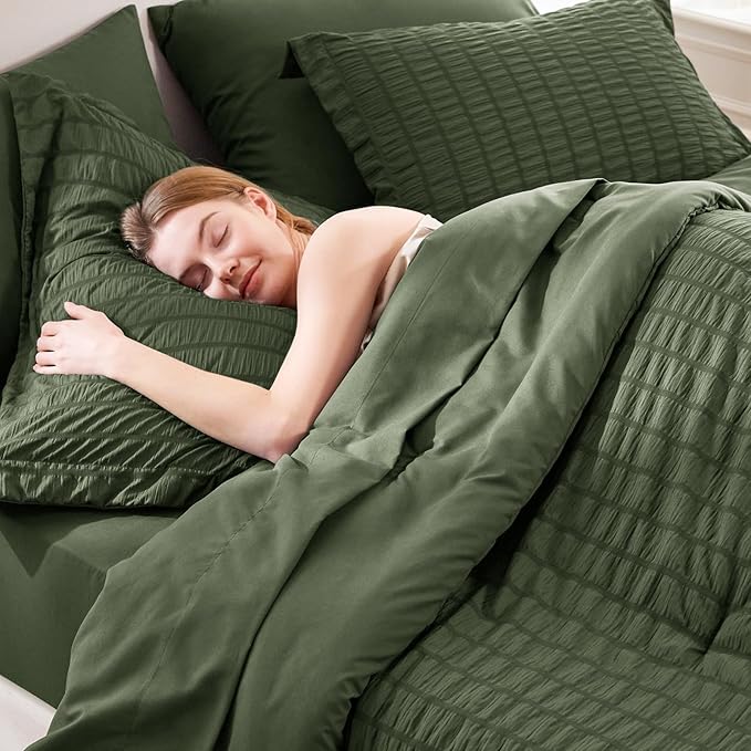 CozyLux Oversized Queen Comforter Set Olive Green Seersucker 7 Pieces Bed in a Bag Queen Comforter Set with Sheets, Luxury Soft Bedding Set with Down Alternative Comforter, Sheets, Pillowcases & Shams