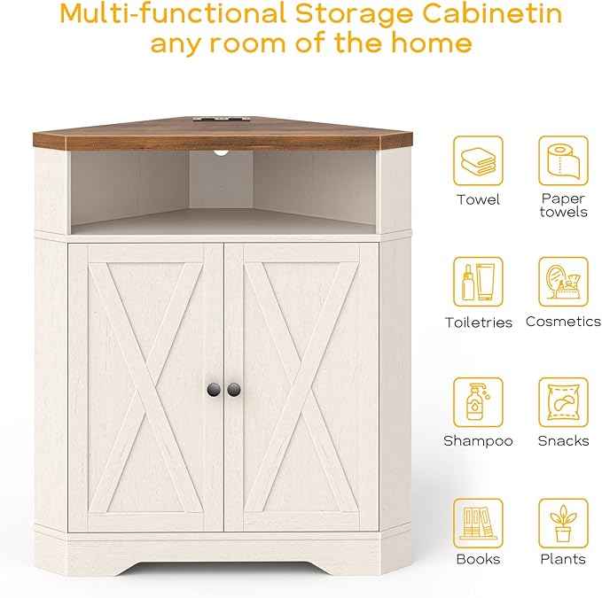 Vabches Corner Storage Cabinet, Small Corner Cabinet with USB Ports and Outlets Organizer, Barn Door Design and Adjustable Shelf, Living Room, Kitchen, Bathroom（White
