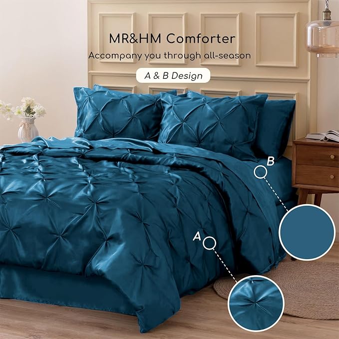MR&HM Satin Comforter California King 7 Pieces Teal - Luxurious Pinch Pleat Bedding Set with Comforter, Flat Sheet, Fitted Sheet, Pillowcases & Shams, Super Silky Soft Bed Set for All Season
