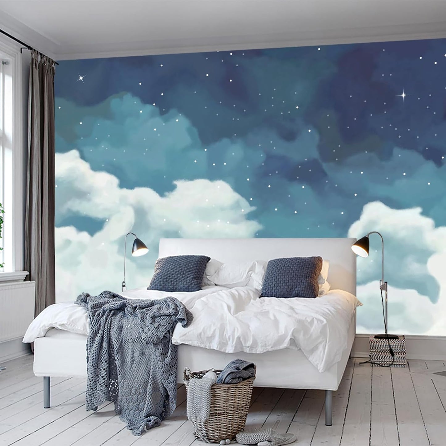 WFBHUA-Vintage Cloud Wallpaper Hand Painted Blue and White Clouds Stars Kids Wall Murals Decor for Bedroom Room(Not Peel and Stick)