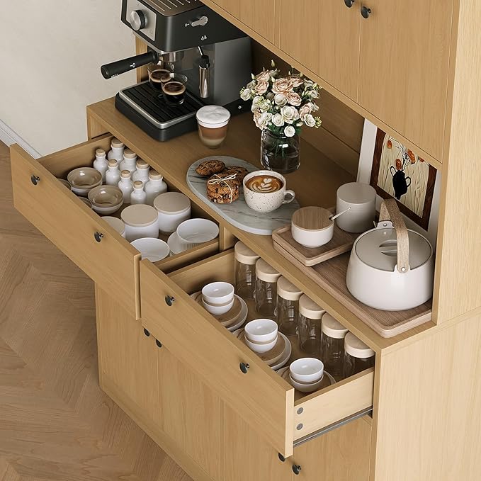 Garvee 71" Tall Kitchen Pantry Storage Cabinet with Charging Station, Food Hutch with Drawers, Doors, Shelves, and Countertop for Dining Room