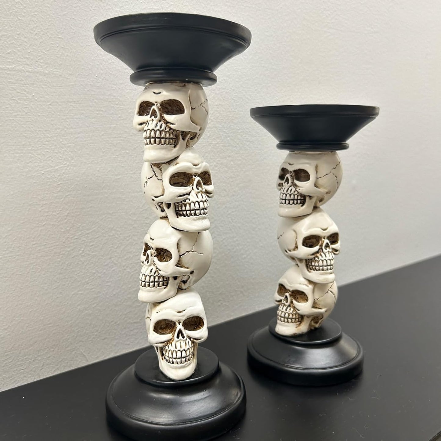 Vintage Resin Skull Skeleton Candle Holders - Set of 2 for Halloween Decor