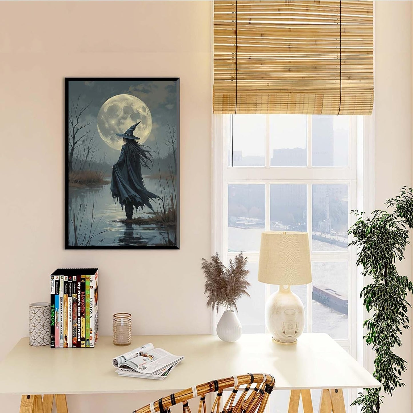 JFHCQJPK Witch in the moonlight magic canvas wall art enchanting Halloween home decor swamp witch silhouette oil painting mysterious gothic aesthetic wall decor print poster20x30in Metal blackFramed