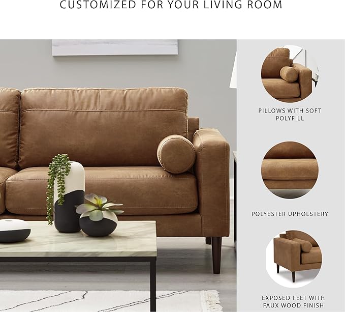 Signature Design by Ashley Telora Faux Leather Sofa, 2 Bolster Pillows, Loose Cushions, Faux Wood Finish Accent Legs, 85" W x 35" D x 35" H, Dark Brown