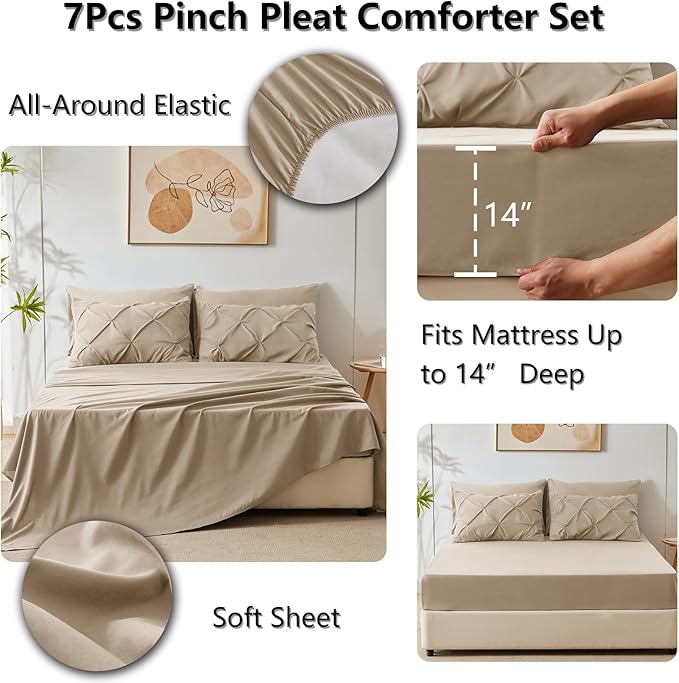 CozyLux Full Size Comforter Sets Taupe, 7 Pieces Pintuck Bed in A Bag Taupe Comforter Full Size, Pinch Pleat Bedding Sets with All Season Comforter, Sheets, Pillowcases & Shams