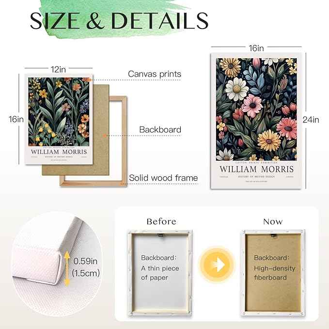 Hianan William Morris Floral Canvas Wall Art, Vintage Botanical Poster Prints, Bright Flower Bird Aesthetic Pictures, William Morris Animal Wall Decor for Living Room Bedroom Framed 16"x24"x3