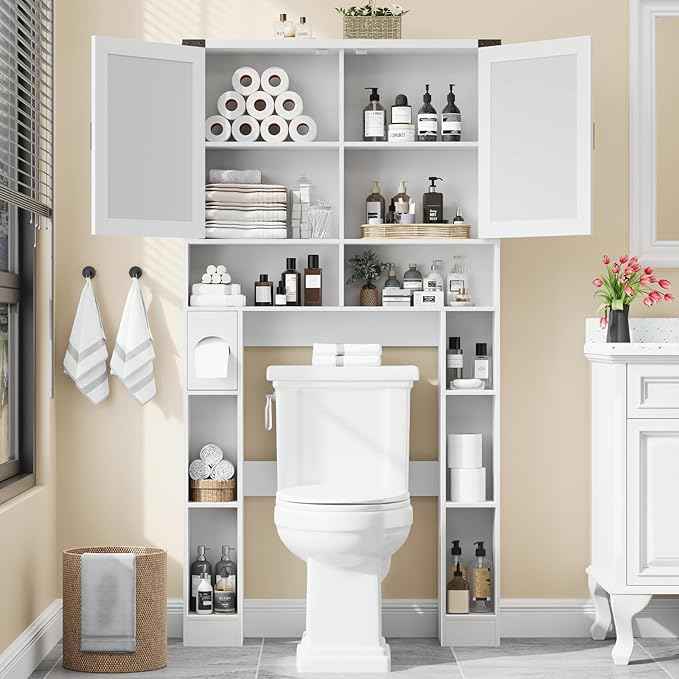 Vabches Over The Toilet Storage Cabinet, Farmhouse Storage Cabinet Over Toilet with 2 Barn Doors ，Toilet Paper Holder Stand，Home Space-Saving Toilet Rack, for Laundry, Restroom, Bathroom.White.