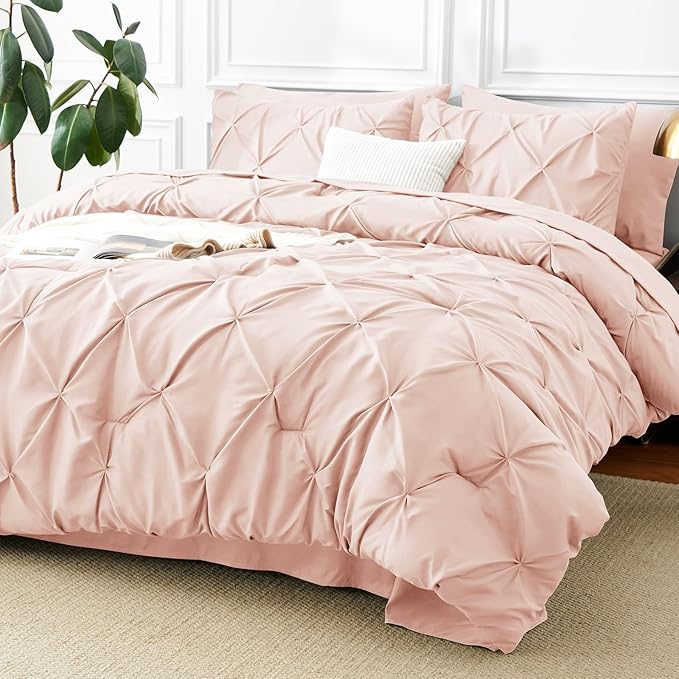 CozyLux Twin Comforter Set with Sheets Blush Pink, 5 Pieces Pintuck Bed in A Bag, Twin Bed Set Gift for Family, Pinch Pleat Bedding Set with Comforter, Sheets, Pillowcase & Sham