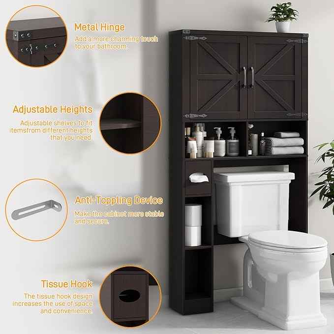 Vabches Over The Toilet Storage Cabinet, Farmhouse Storage Cabinet Over Toilet with 2 Barn Doors & Toilet Paper Holder Stand，Home Space-Saving Toilet Rack, for Laundry, Restroom, Bathroom.Walnut