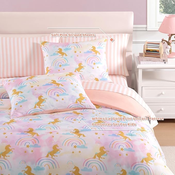 Queen Comforter Set with Sheets for Girls-7 Pieces Queen Bedding Sets with Pink Comforter, Sheets, Pillowcases & Shams for Kids (Gold Unicorn, 90" X 90")