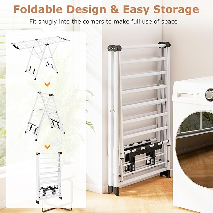 Giantex Clothes Drying Rack, Foldable Metal Laundry Drying Rack with Height Adjustable Wings, 16 Drying Rails, Sock Clips & Shoe Racks, Freestanding Clothing Stand for Indoor & Outdoor, White