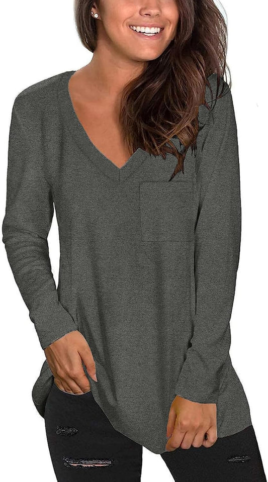 Tobrief Women's Long Sleeve V-Neck Shirts Fall Graphic Tees Loose Casual T-Shirt