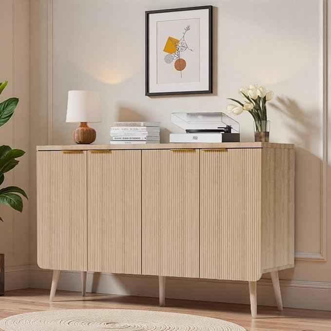47.2" Modern Fluted Sideboard Cabinet with 4 Doors, Wood Storage Credenza with Shelves, Multi-Purpose Buffet Cabinet for Entryway, Dining & Living Room, Natural Wood