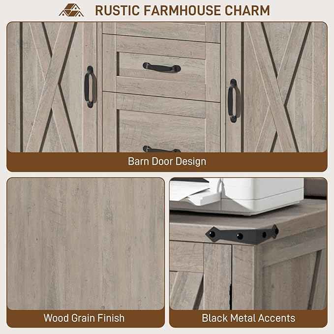 Vabches File Cabinet with 3 Drawers, Farmhouse Lateral File Cabinet Fits Files Letter/A4 Size, Wooden Filing Cabinet with Door and Adjustable Shelves Printer Stand for Home Office, Rustic Grey