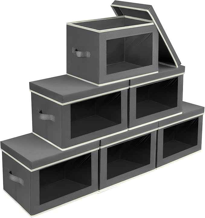 Stackable Storage Bins with Lids - Large Storage Box with Lids, Foldable Closet Boxes for Organizing, Wardrobe Clothes Organizer with Window, Cubes Bins for Living Room, 6 Pack, Dark Grey