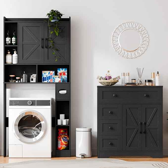 Vabches Farmhouse Storage Cabinet with 2 Doors and 4 Drawers, Freestanding Bathroom Storage Cabinet Kitchen Pantry, Floor Hutch Cupboard for Living Room/Bathroom/Kitchen,(Pure Black)