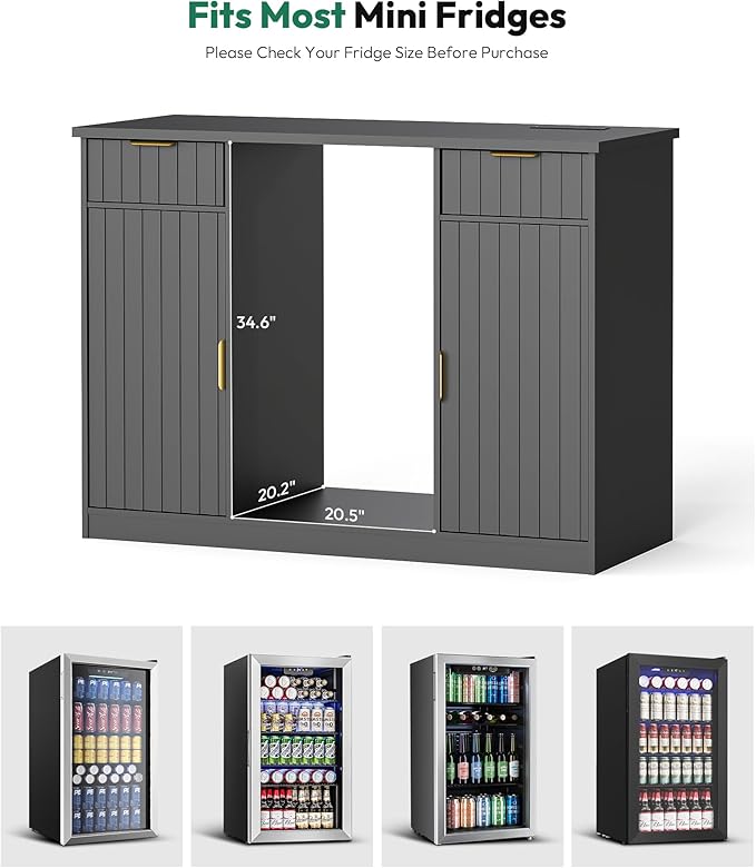 53" Fluted Coffee Bar Cabinet with Fridge Space - Wine Bar Cabinet with Drawer & Door Storage, Mini Fridge Stand with Power Outlet for Kitchen Dining Room, Black
