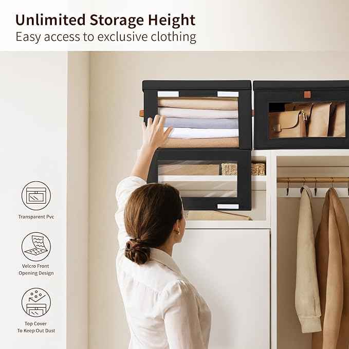 Collapsible Storage Bins - Large Stackable Organizer Bins, Decorative Boxes with Handles & Window, Fabric Containers for Living Room, Closet, Dorm, 4 Pack, Black