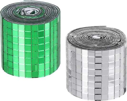 MECCANIXITY Self Adhesive Glass Mirror Mosaic Tiles 3200 Pcs 5 x 5 mm Disco Tiles for Craft Decoration Glass Mirror Disco Ball 2 Rolls (Green/Silver)