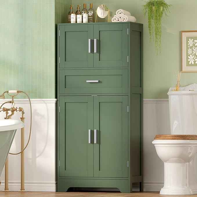 TEENFON Bathroom Floor Storage Cabinet with Adjustable Shelf, Freestanding Storage Cabinet with 4 Doors, Cupboard for Living Room, Home Office, Entryway, Forest Green