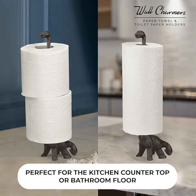 WallCharmers Rustic Paper Towel Holder, Metal Toilet or Kitchen Paper Holder for Floor or Countertop, Rustic Dino