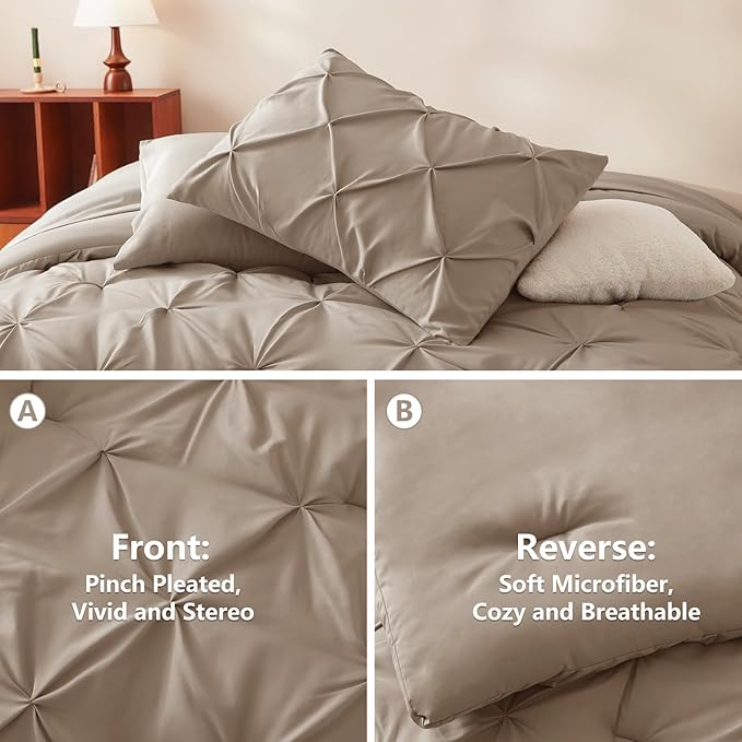 CozyLux Queen Comforter Set Khaki, 7 Pieces Pintuck Bed in A Bag, Premium Khaki Comforter Queen Size, Pinch Pleat Bedding Sets with Comforter, Sheets, Pillowcases & Shams