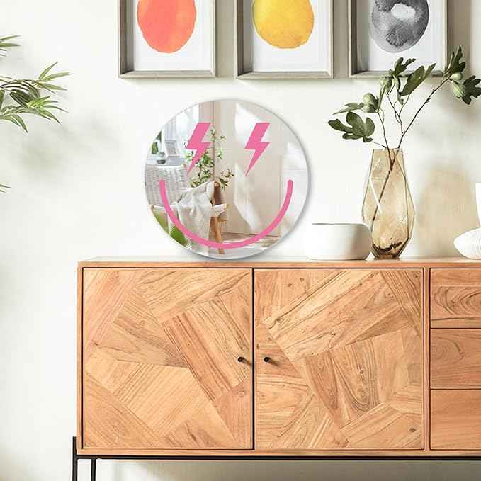DARENYI Pink Preppy Mirror Circle, 12 inch Smiling Face Aesthetic Mirror for Teen Girls Preppy Room Wall Decor