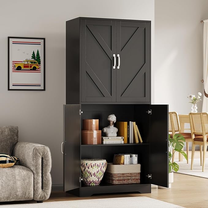 IDEALHOUSE 70" Kitchen Pantry Storage Cabinet, Farmhouse Kitchen Cabinet with 4 Doors & 3 Adjustable Shelves, Freestanding Cupboard for Dining Room,Living Room,Black