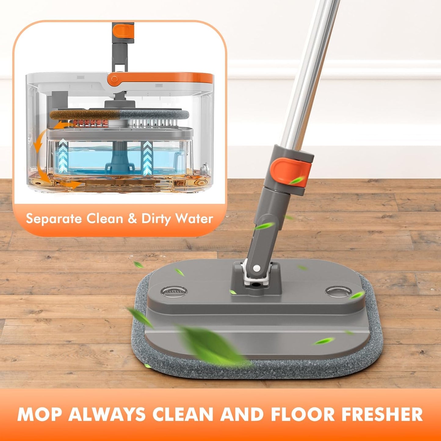 Upgraded Spin Mop and Bucket Self-Standing Mop Bucket Separate Dirty and Clean Water System Self Wringing 360° Rotating Clean Mop and Bucket Set (Drak Gray, 14Pads Mop and Bucket Set)