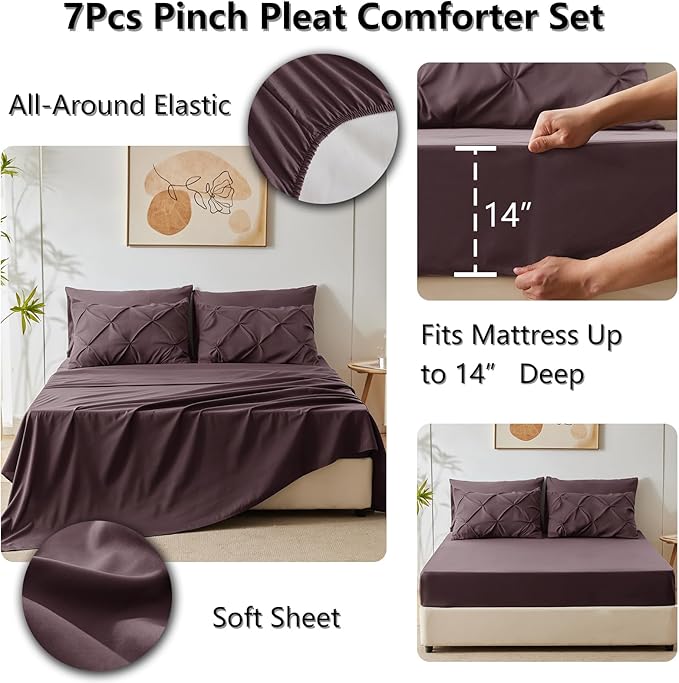 CozyLux Queen Comforter Set Cocoa Powder, 7 Pieces Pintuck Bed in A Bag, Premium Cocoa Powder Comforter Queen Size, Pinch Pleat Bedding Sets with Comforter, Sheets, Pillowcases & Shams