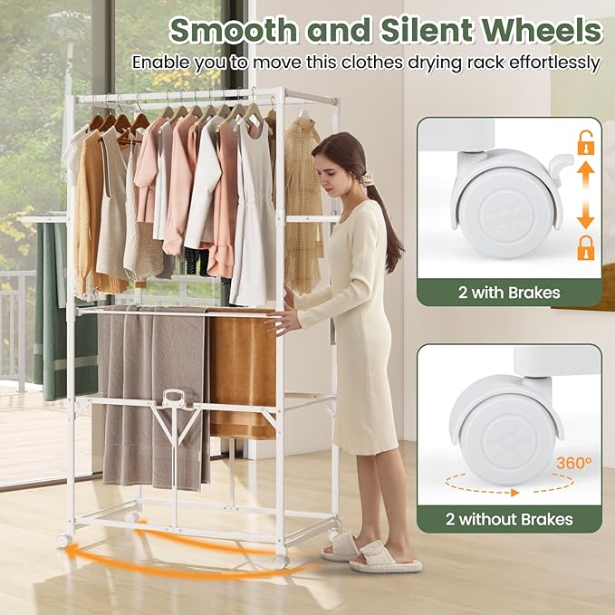 Tangkula Foldable Clothes Drying Rack, 68.5" Aluminum Laundry Rack with Hanging Rods & Drying Shelves, Universal Wheels with Brakes, Indoor Outdoor Garment Rack for Household Use (White)