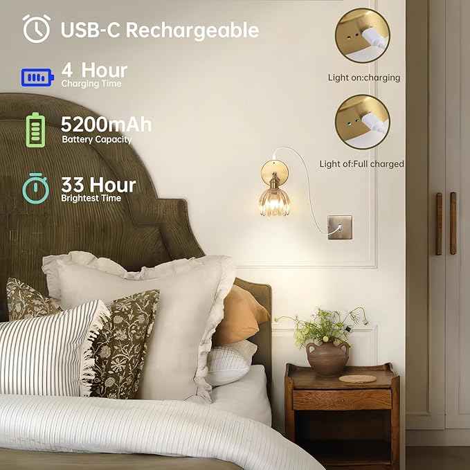 Battery Operated Vintage Wall Sconces with Amber Tulip Glass Lampshade Battery Powered Wall Lighting for Bedside Bedroom Doorway, Set of 2