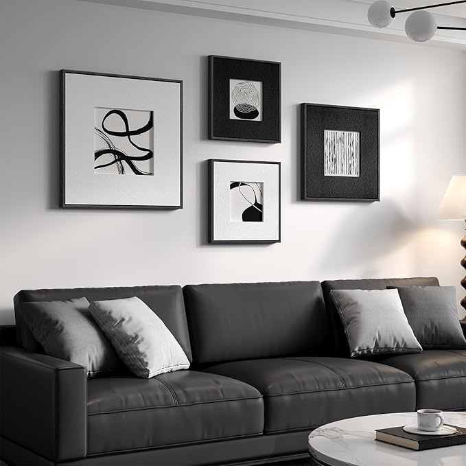 Framed 3D Textured Black and White Abstract Wall Art for Living Room, 4 Piece Modern Paintings Artwork for Walls, Black White Minimalist Pictures for Bedroom Dining Room Hallway Home Office Wall Decor