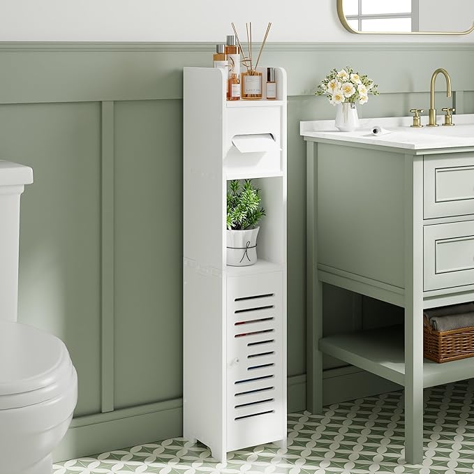 VECELO Storage Cabinet for Small Spaces,Skinny Toilet Paper Holder Stand with Anti-Drop Fence and Roller Storage, White