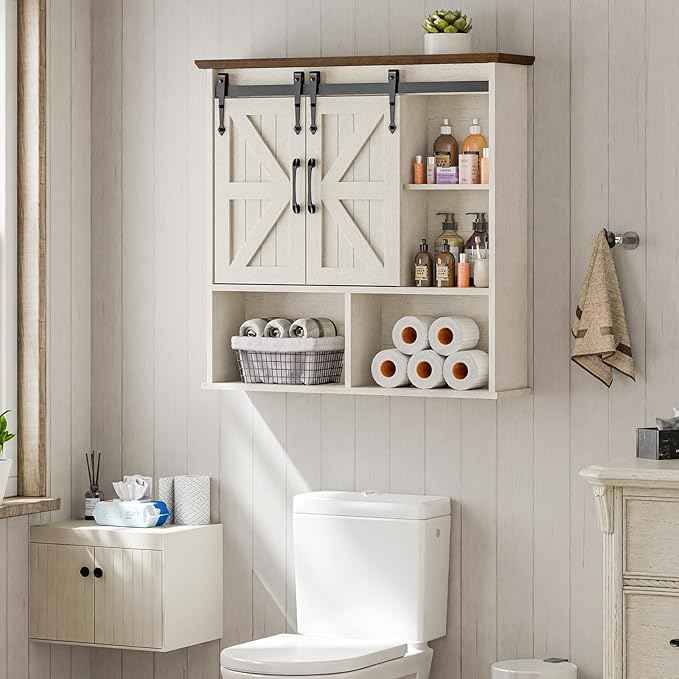 Vabches Bathroom Wall Cabinet, Farmhouse Medicine Cabinet with Double Sliding Barn Door and Adjustable Shelves, Wooden Vintage Storage Cabinet Wall Mounted for Bathroom, Kitchen Dining, Rustic White