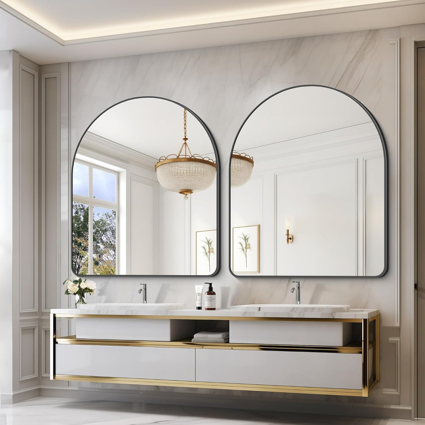 Arched Bathroom Mirror, 40"x48" Black Arched Mirror for Bathroom, Wall Mounted Mirror, Black Vanity Wall Mirror w/Metal Frame for Bedroom, Entryway, Living Room, Vertically Hanging