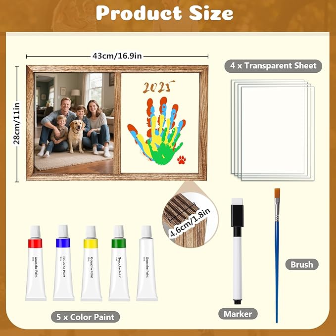 Lurgno Family Handprint Kit, DIY Baby Hand and Footprint Kit， Handmade Keepsake Wooden Frame, Family Gifts with 5 Non-Toxic Baby-Safe Paint, Ideas Gift for New Parents, Father's Day, Mother's Day