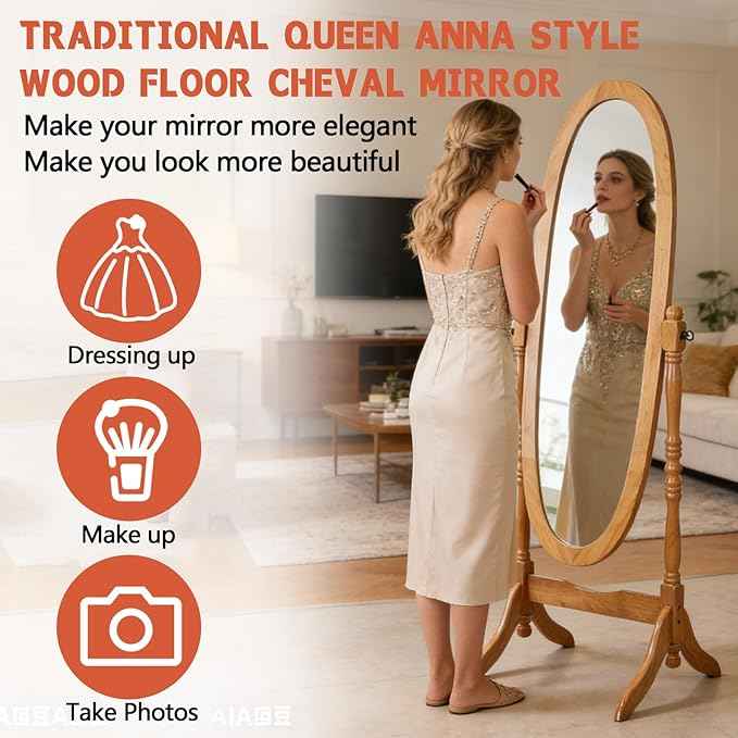 Full Length Mirror with Stand, Swivel Adjustable Oval Wood Cheval Floor Mirror, Dressing Cheval Mirror for Bedroom Livingroom, Interior Gift Idea (Oak)