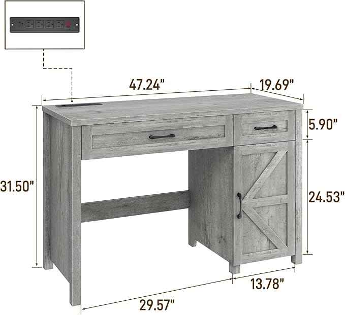 Vabches Farmhouse 47" Executive Desk, Computer Desk with Drawers and Storage Cabinet, Workstation Computer Desk for Home Office and Study.(Grey)