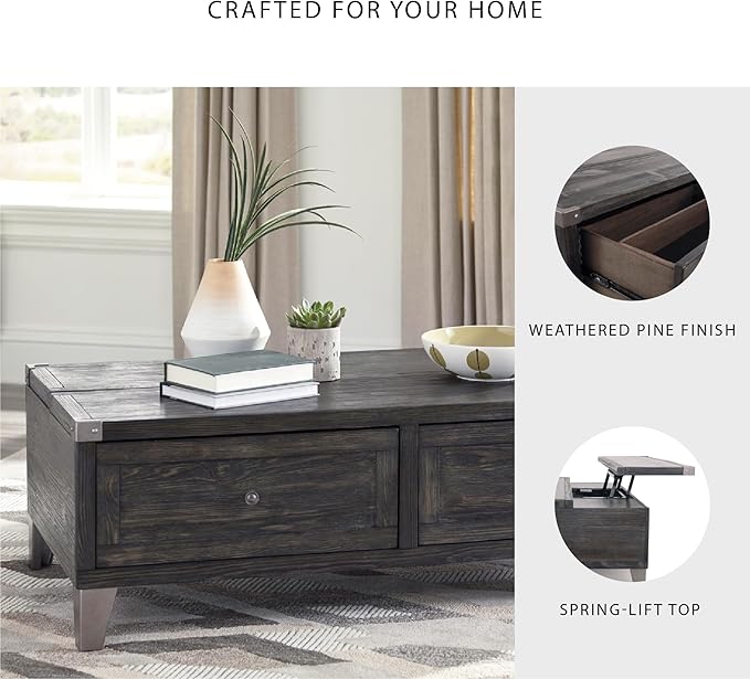Signature Design by Ashley Todoe Industrial Spring-Lift Top Coffee Table, 2 Storage Drawers, Metal Legs, Wood, 54.38" W x 28.5" D x 18.25" H, Dark Gray & Weathered Pine Finish