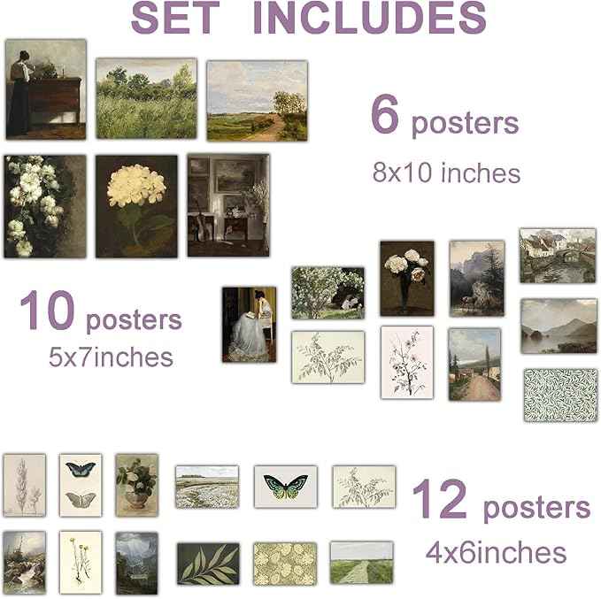 liflikwall 28 PCS Country Botanical Floral Gallery Wall Art， Vintage Posters For Room Aesthetic,Sage Green Wall Art Decor， Moody Art Vintage Painting Antique Pictures Set For Home Bedroom (unframed)