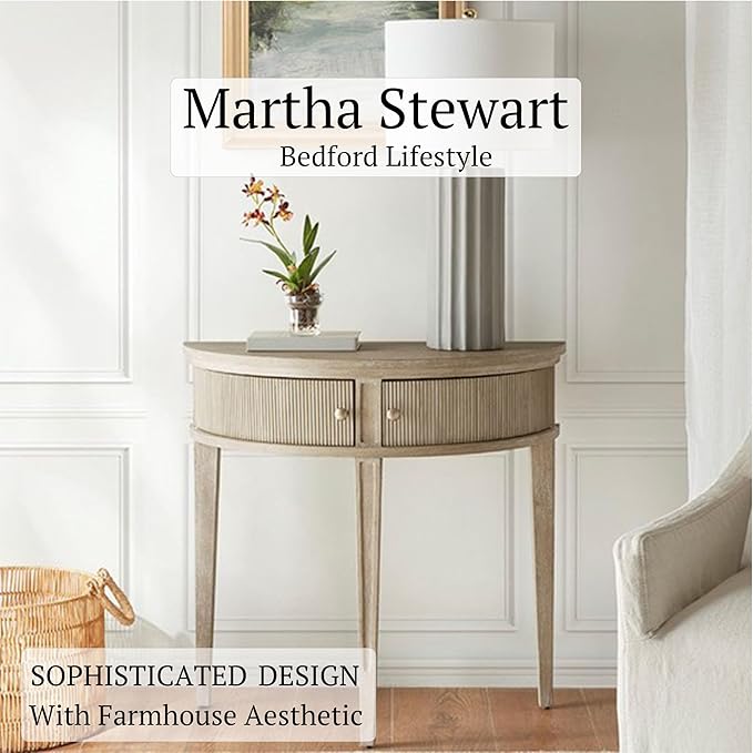 Martha Stewart Crestview Hall Console Table for Entryway with Storage, Solid Rubber Wood Frame, Vintage Demilune Shape, Bronze Knobs, Farmhouse Living Room Furniture Décor, 36" Wide Reclaimed Greige