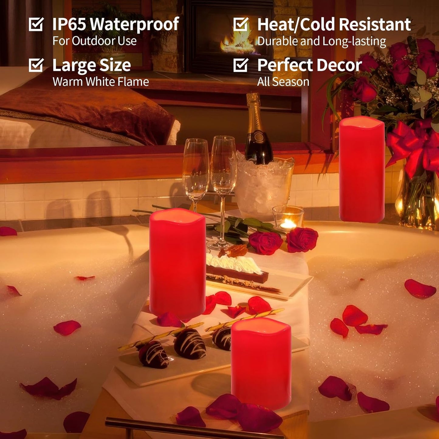 NURADA Large Waterproof Flameless Candles 6" 8" 10" x 4" - Outdoor Indoor LED Pillar Flickering Candle Battery Operated with Timer Remote for Patio Porch Christmas Decor - Red Set of 3