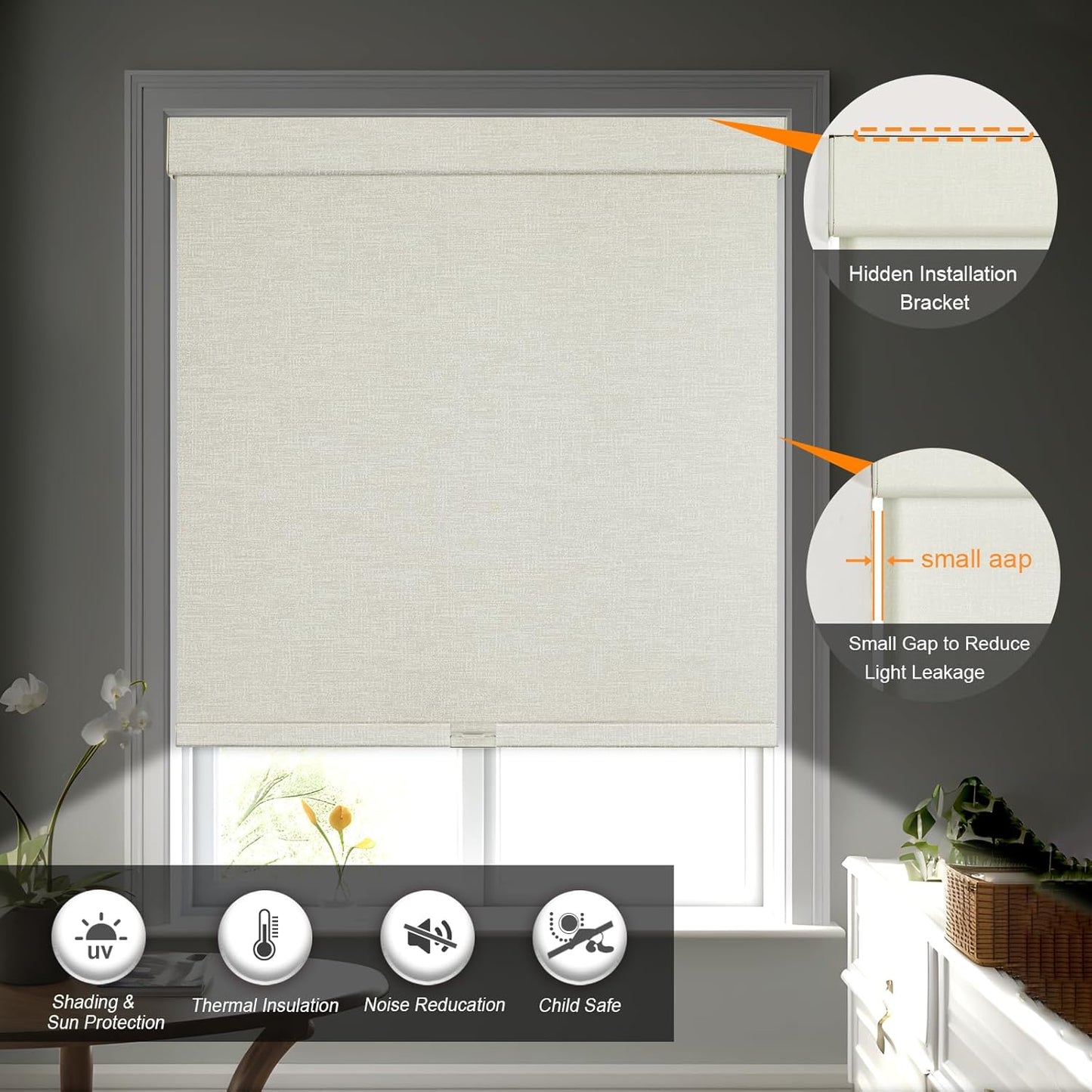 Persilux Blackout Shades for Windows Cordless Roller Blinds, Roller Windows Shades for Home with Fabric Attached Valance, UV Protections Easy Installation for Door/Office, Limestone(71" W x 56" H)