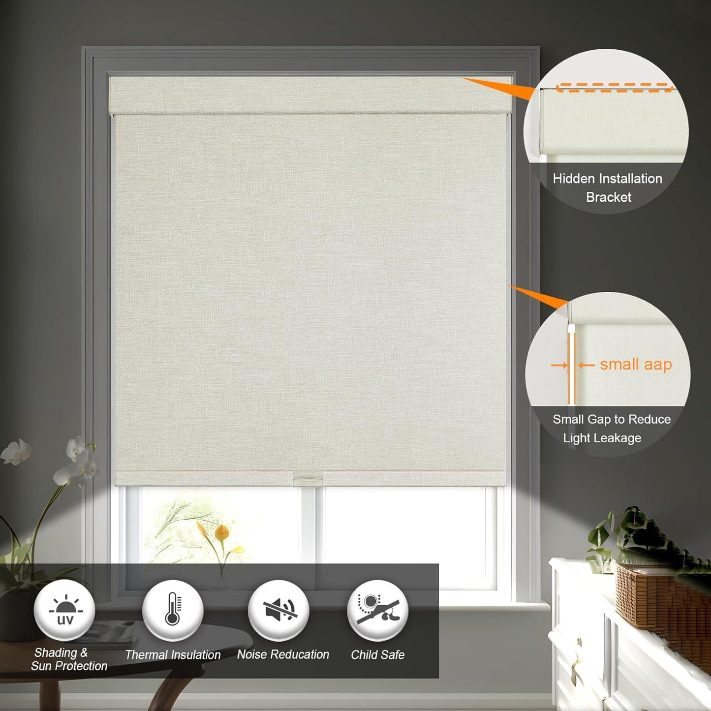 Persilux Blackout Shades for Windows Cordless Roller Blinds, Roller Windows Shades for Home with Fabric Attached Valance, UV Protections Easy Installation for Door/Office, Limestone(29" W x 64" H)