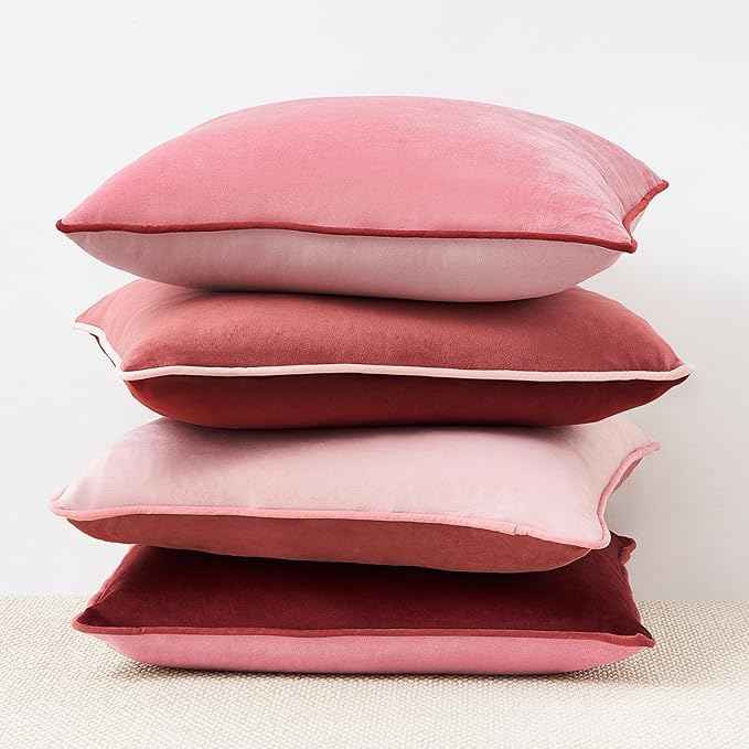 MONDAY MOOSE Decorative Throw Pillow Covers Cushion Cases, Set of 4 Soft Velvet Modern Double-Sided Designs, Mix and Match, Pillow Inserts Not Included (16x16 inch, Pink/Dark Pink)